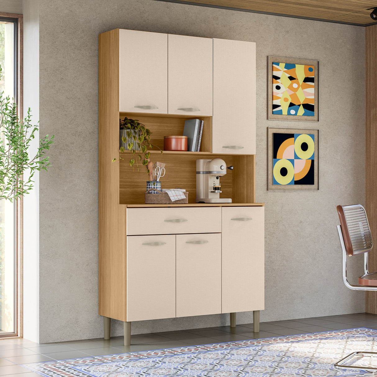 Alacena Juri Castaño y Beige 90x173cm con Seis Puertas y con Un Cajón