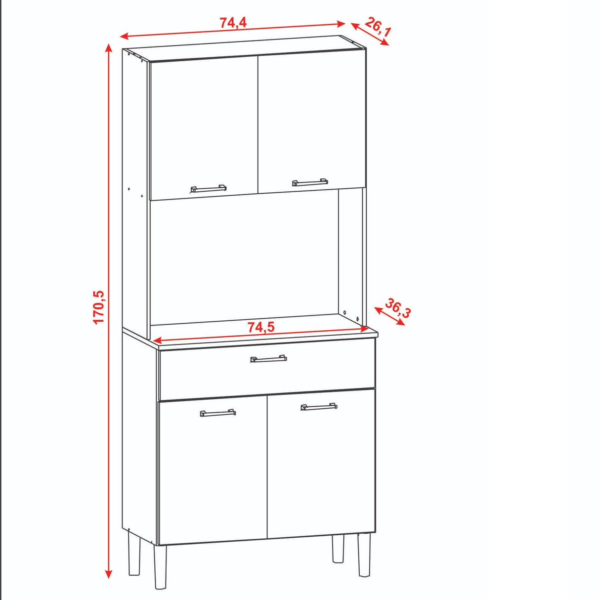 Alacena Cris Castaño y Blanco 86x171cm con Cuatro Puertas y con Un Cajón