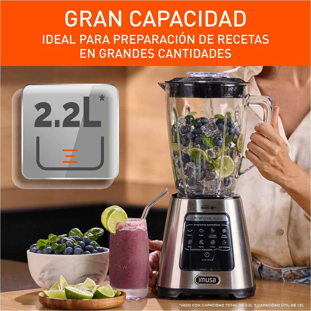 Licuadora Imusa Ultraforce Auto Plateado y Negro 18x39cm De Seis Aspas con capacidad de 2.2 Litros - LICUADORAS Y PROCESADORES | Bylmo