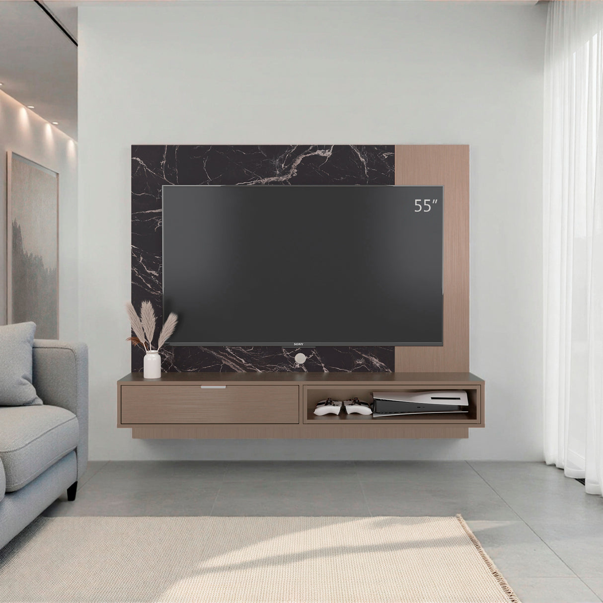Panel de TV Funes Mamba y Amber 150x130cm para TV Hasta 60" Pulagadas con Un Compartimiento - MUEBLES DE TV | Bylmo
