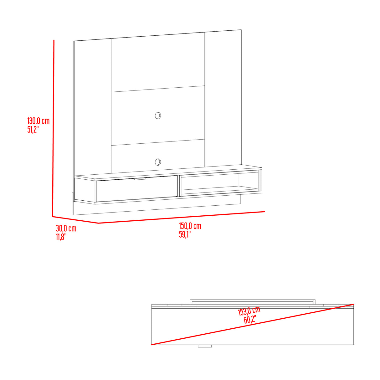 Panel de TV Funes Mamba y Amber 150x130cm para TV Hasta 60" Pulagadas con Un Compartimiento - MUEBLES DE TV | Bylmo