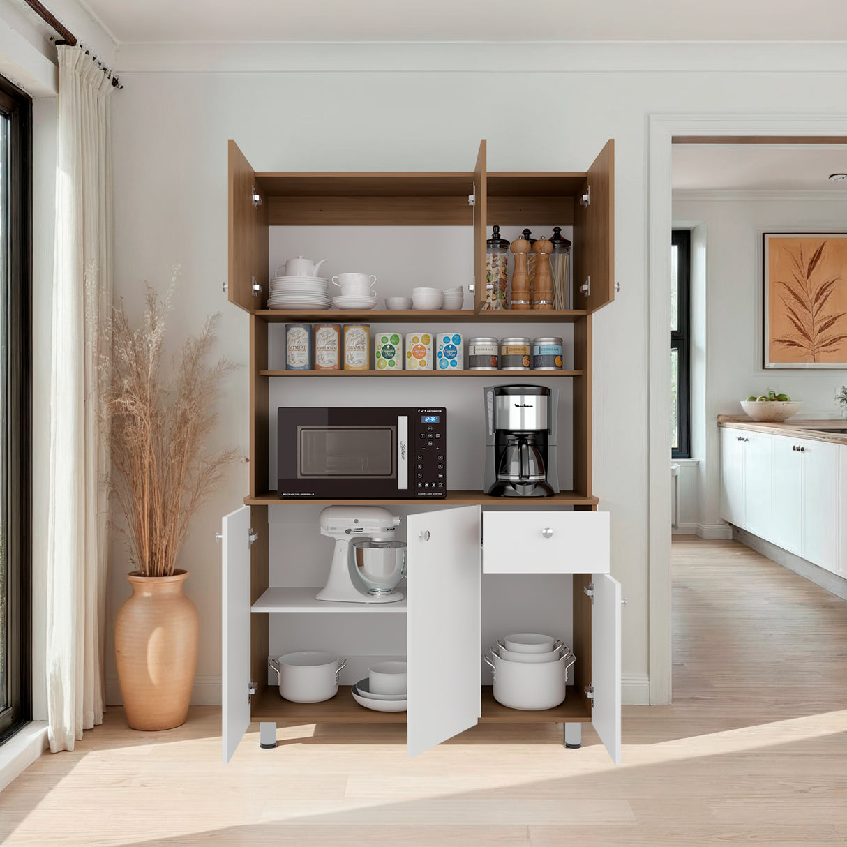 Alacena Wilson Blanco y Fresno 111x185cm Con Espacio para Microondas y con Seis Puertas