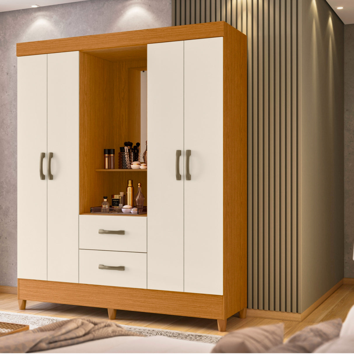 Armario para Ropa Moobi Café y Beige 147x181cm con Dos Cajones con Cuatro Puertas y con Espejo - CLOSETS | Bylmo