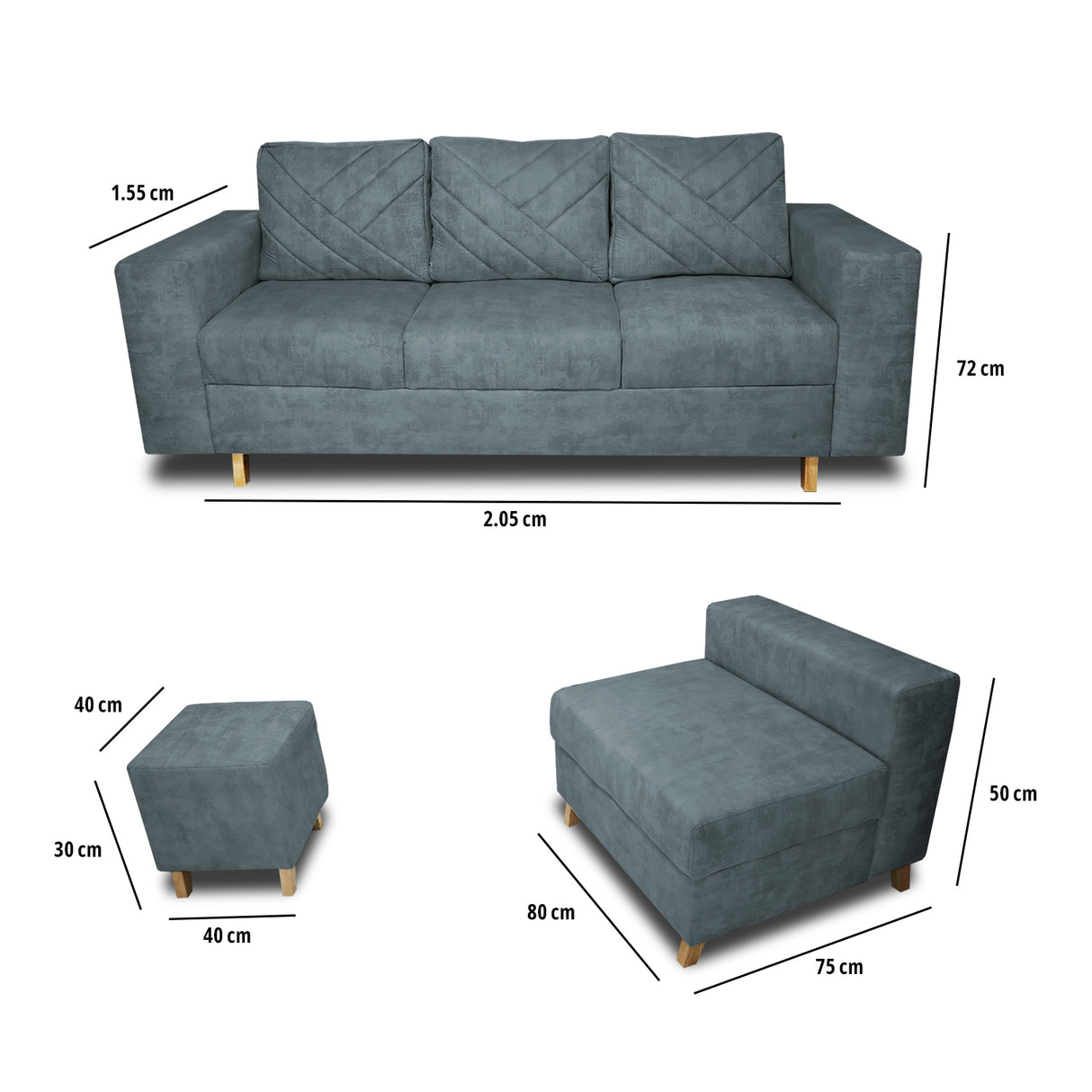 Sala Amsterdam Acero 205x72cm de Tela Amigable con Mascotas + Silla + Puff - SOFAS Y POLTRONAS | Bylmo
