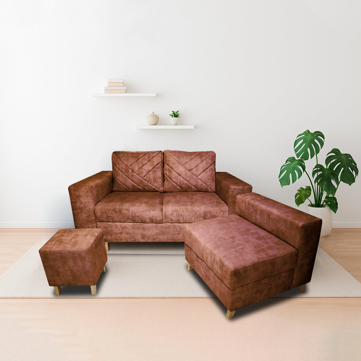 Sala Amsterdam Camel 150x72cm de Tela Amigable con Mascotas + Silla + Puff - SOFAS Y POLTRONAS | Bylmo