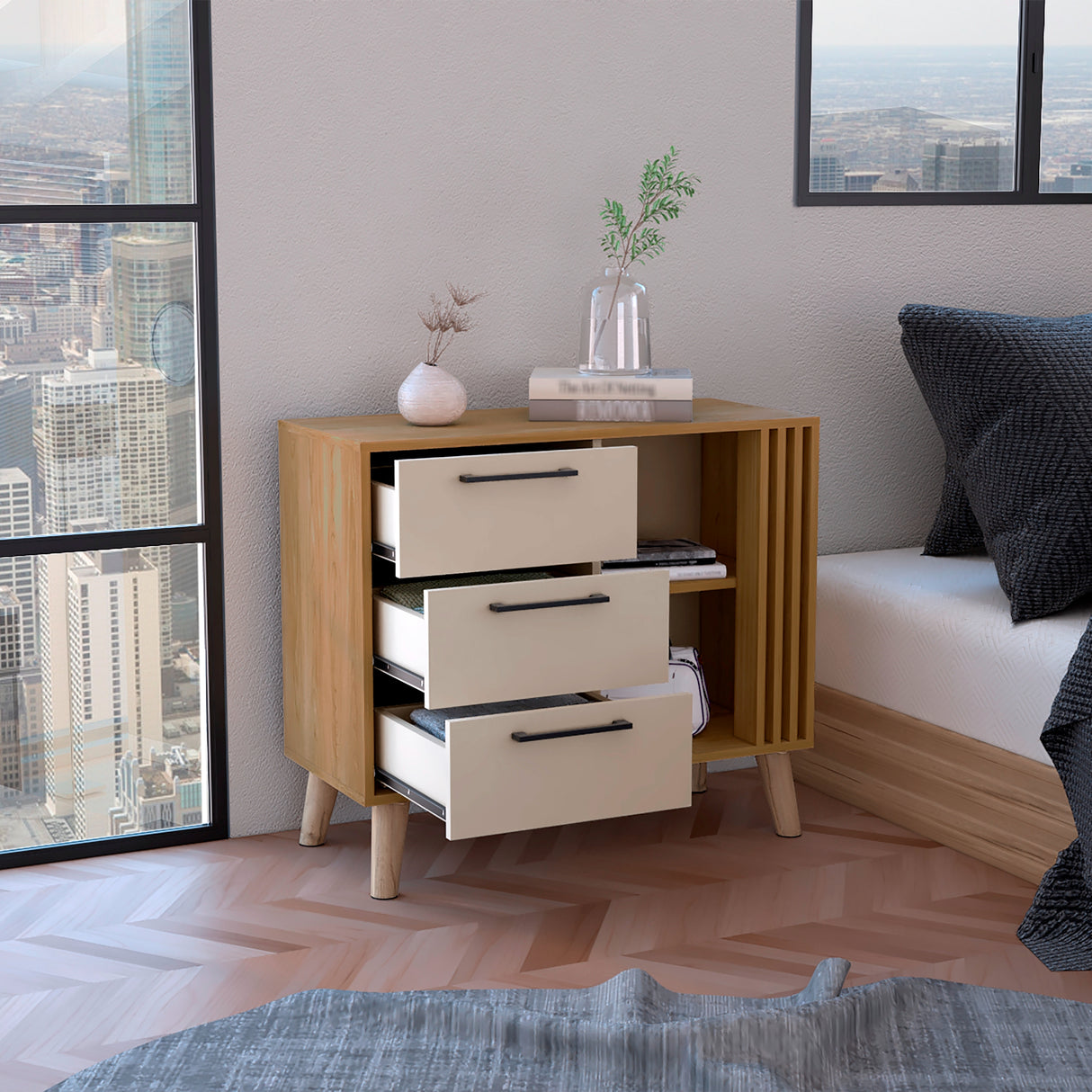 Cajonera Vance Fresno Europeo y Capri 80x64.4cm de Tres Hileras con Tres Cajones