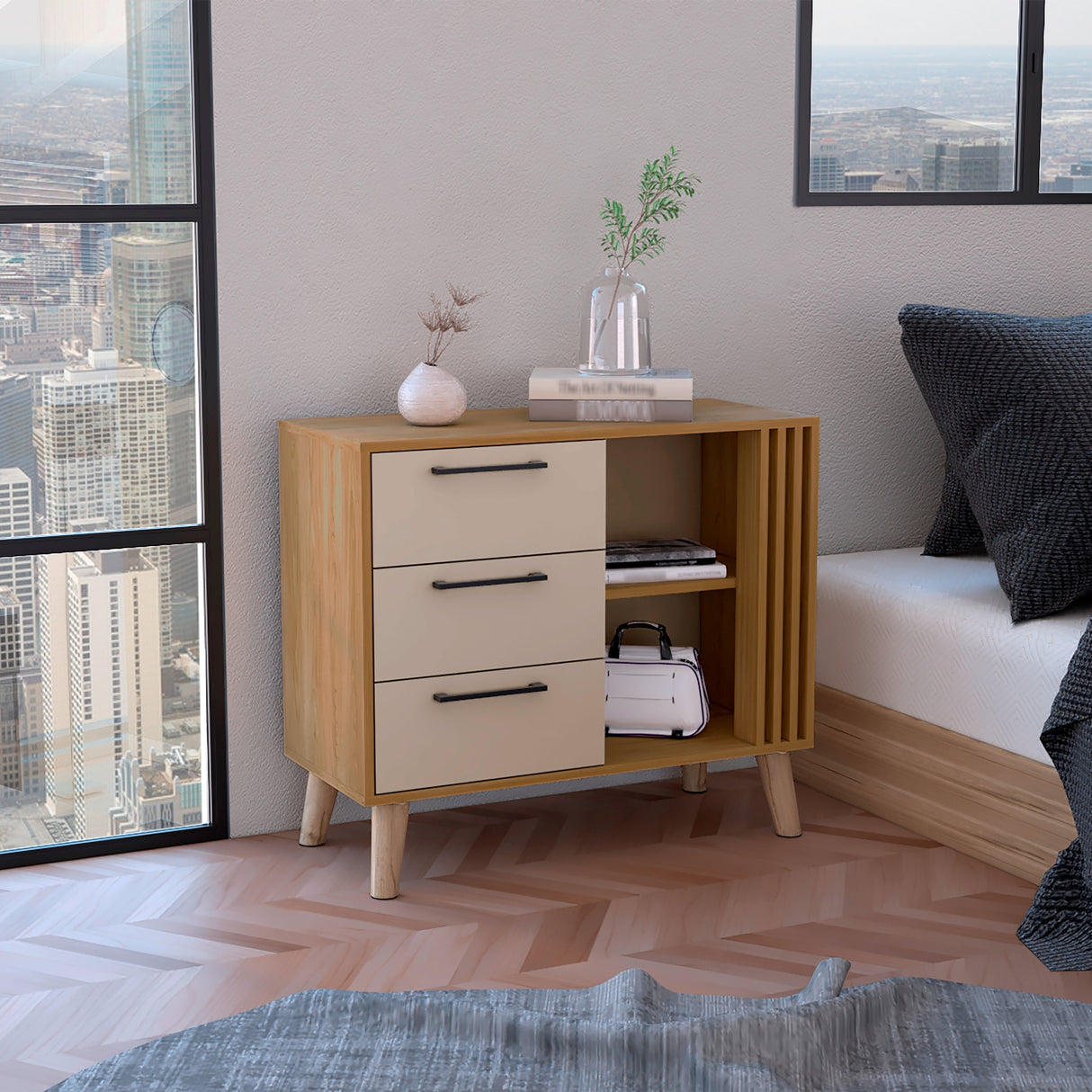 Cajonera Vance Fresno Europeo y Capri 80x64.4cm de Tres Hileras con Tres Cajones