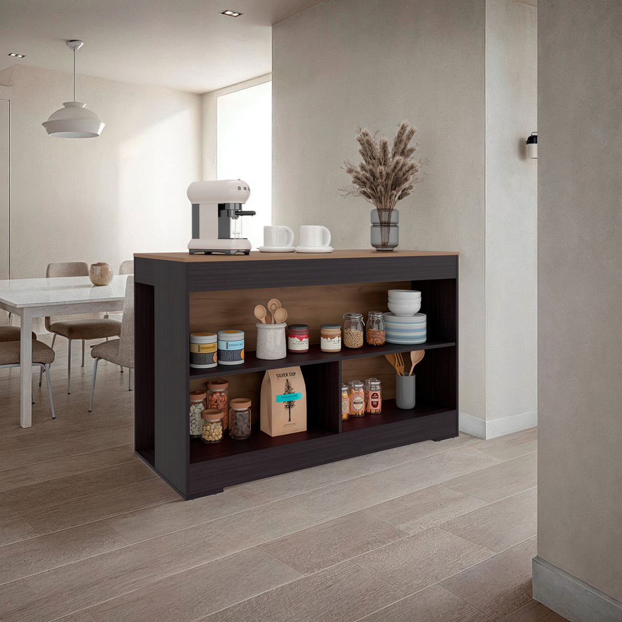 Barra de Cocina Cuenca Wengue y Fresno 138.2x88.5cm con Un Entrepaño y con Tres Compartimientos