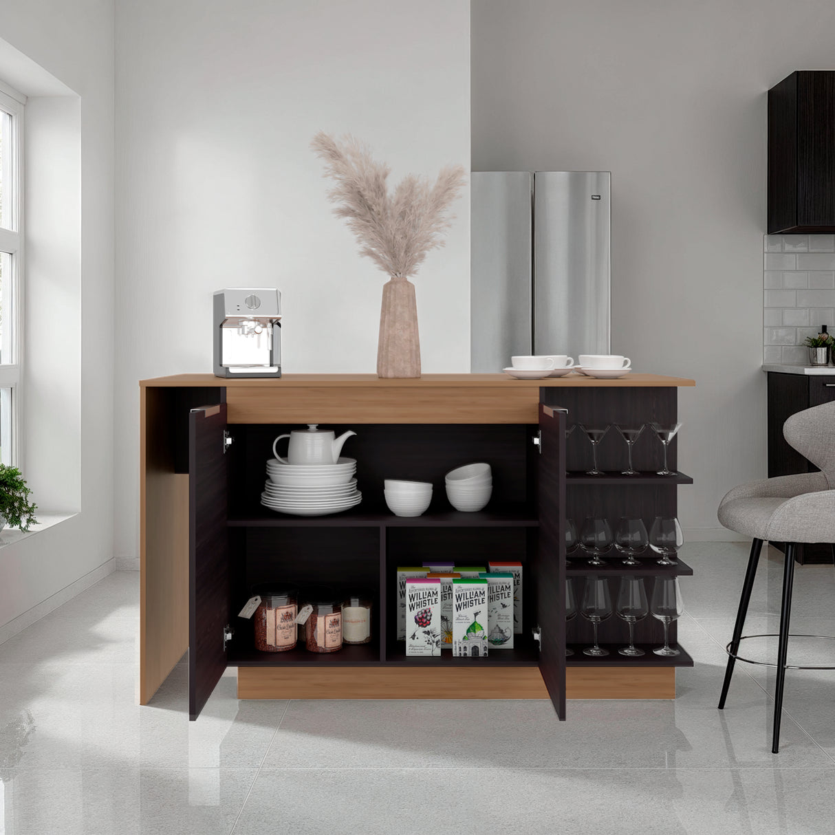 Barra de Cocina Lumina Wengue y Fresno 150x89.2cm con Cuatro Entrepaños