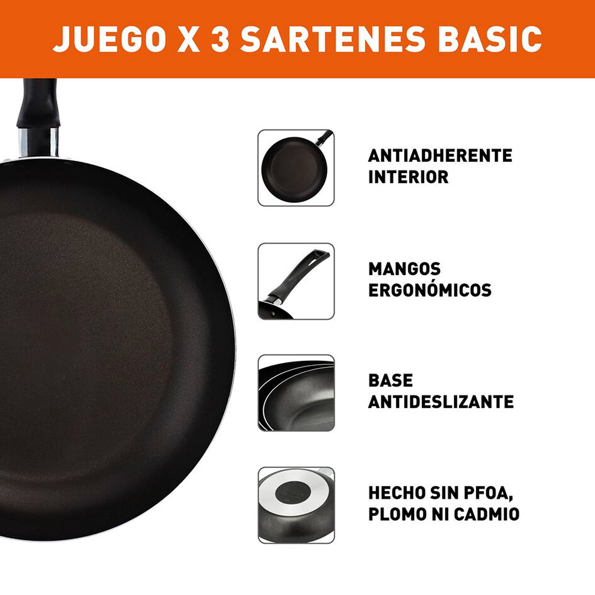 Set de 3 Sartenes Imusa Basic Negro Antiadherentes - OLLAS Y SARTENES | Bylmo
