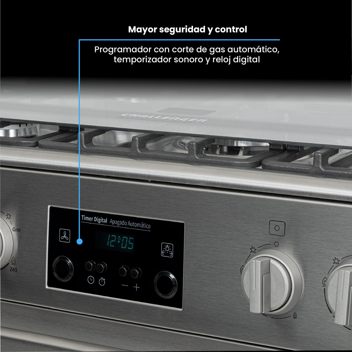 Estufa Challenger Cucina Gris 76x93cm de Gas Natural con Cinco Quemadores y con Temporizador - ESTUFAS | Bylmo