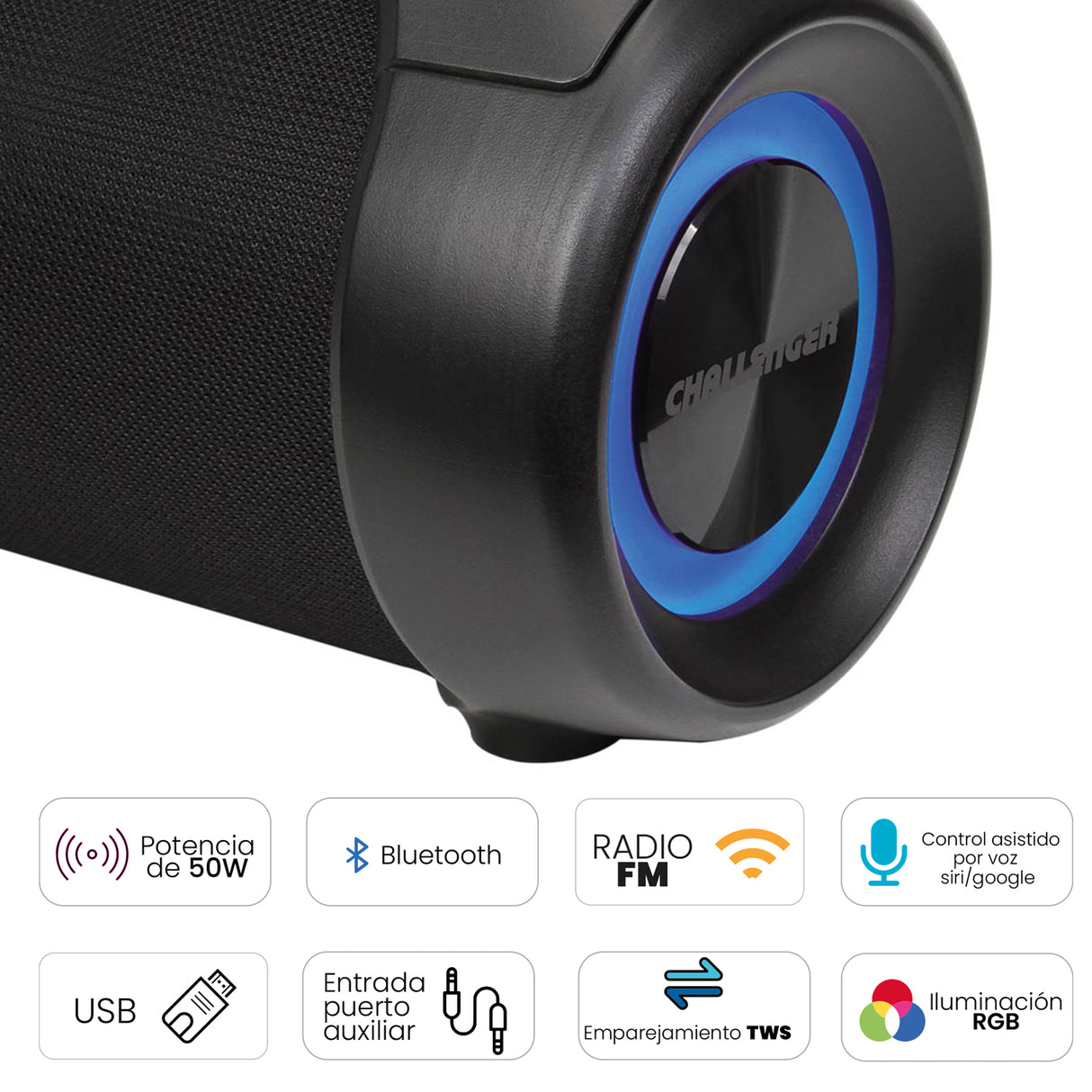 Parlante Portátil Challenger Negro y Azul 14.4x18.7cm Portatil con Conexión Bluetooth - PARLANTES | Bylmo