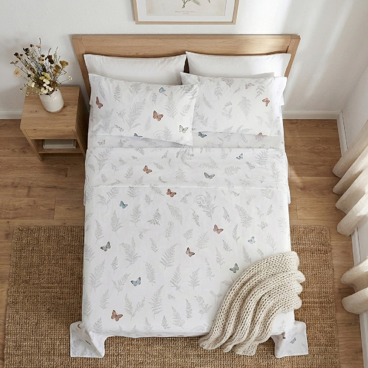 Juego de Sabanas Butterfly Print Blanco para colchón King 200 X 200 Cm 200 Hilos Con Elastico - SABANAS | Bylmo