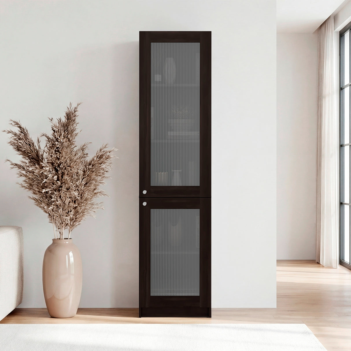 Estantería Home M6 Nogal y Negro 45x180.6cm Rectangular con Tres Entrepaños y Dos Puertas con Vidrio - BIBLIOTECAS Y ESTANTERIAS | Bylmo