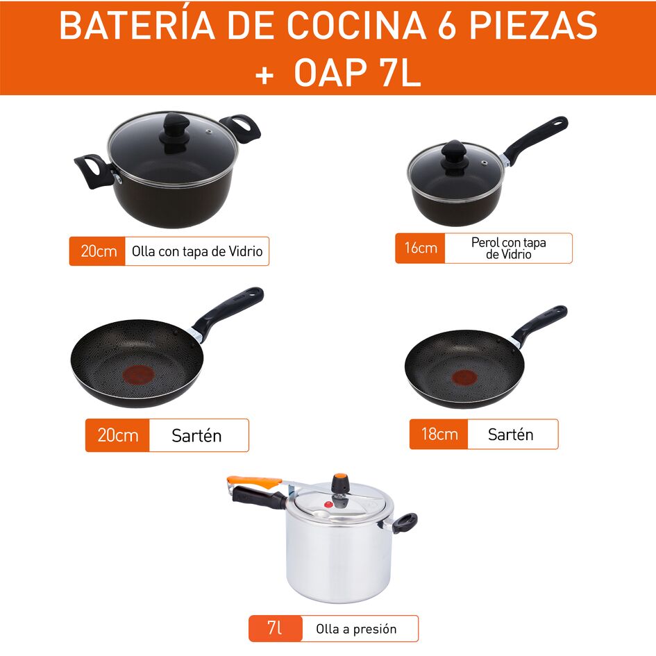Combo Olla a Presión Imusa SecuryPlus Gris y Negro de Siete Litros con Batería de Cocina - OLLAS Y SARTENES | Bylmo