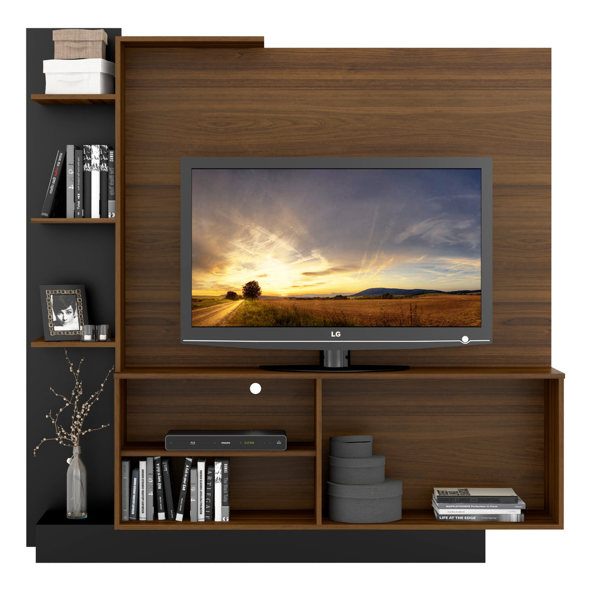 Centro de Entretenimiento Colon Negro y Marrón 165x164cm para Tv Hasta 55" Pulgadas con Un Cajón y con Seis Compartimientos - MUEBLES DE TV | Bylmo