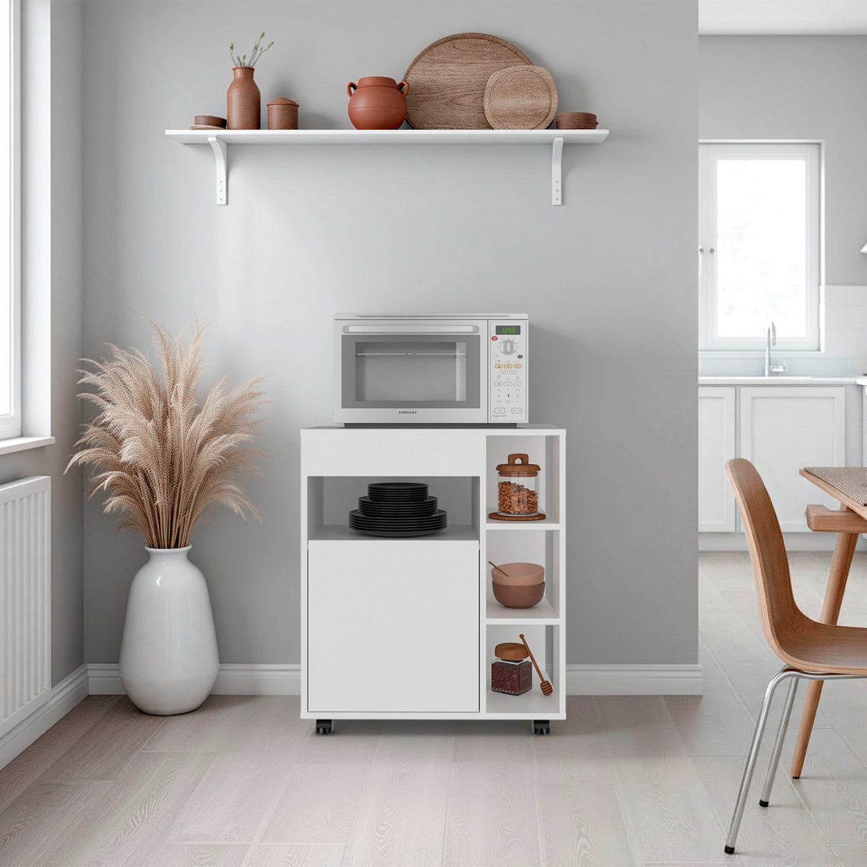 Carro Microondas Kaito Blanco 65.5x77.1cm con Una Puerta y con Ruedas - ALACENAS Y MUEBLES MICROONDAS | Bylmo
