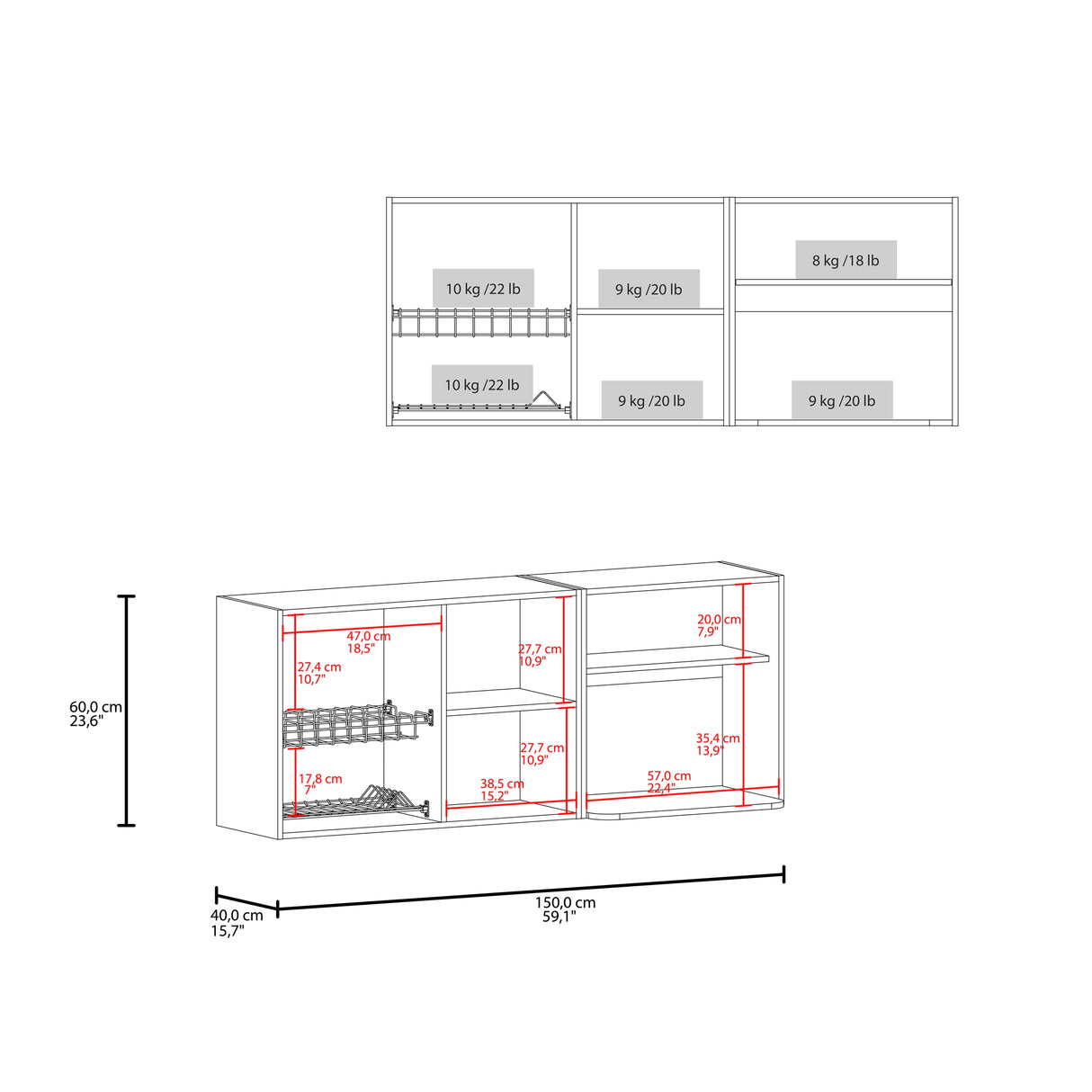 Mueble Superior de Cocina Hasselt Wengue 150x60cm con Tres Puertas y con Dos Entrepaños - MUEBLES SUPERIORES DE COCINA | Bylmo