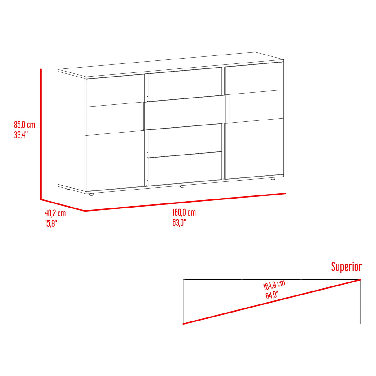 Cómoda Bisbee Blanco Marquez y Plomo 160x85cm de Cuatro Hileras con Cuatro Cajones - CAJONERAS Y COMODAS | Bylmo