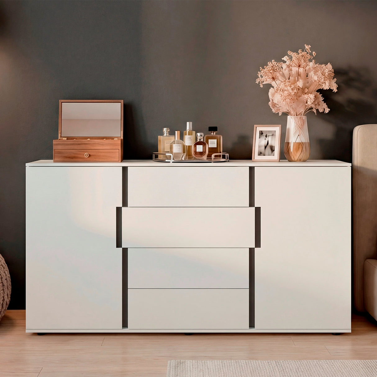 Cómoda Bisbee Blanco Marquez y Plomo 160x85cm de Cuatro Hileras con Cuatro Cajones - CAJONERAS Y COMODAS | Bylmo