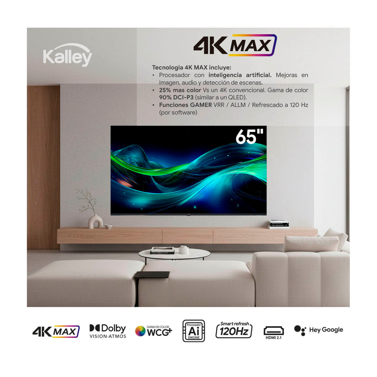 Televisor Kalley Google TV Negro 144.56x90.18cm 4K Smart LED de 65" Pulgadas - TELEVISORES | Bylmo