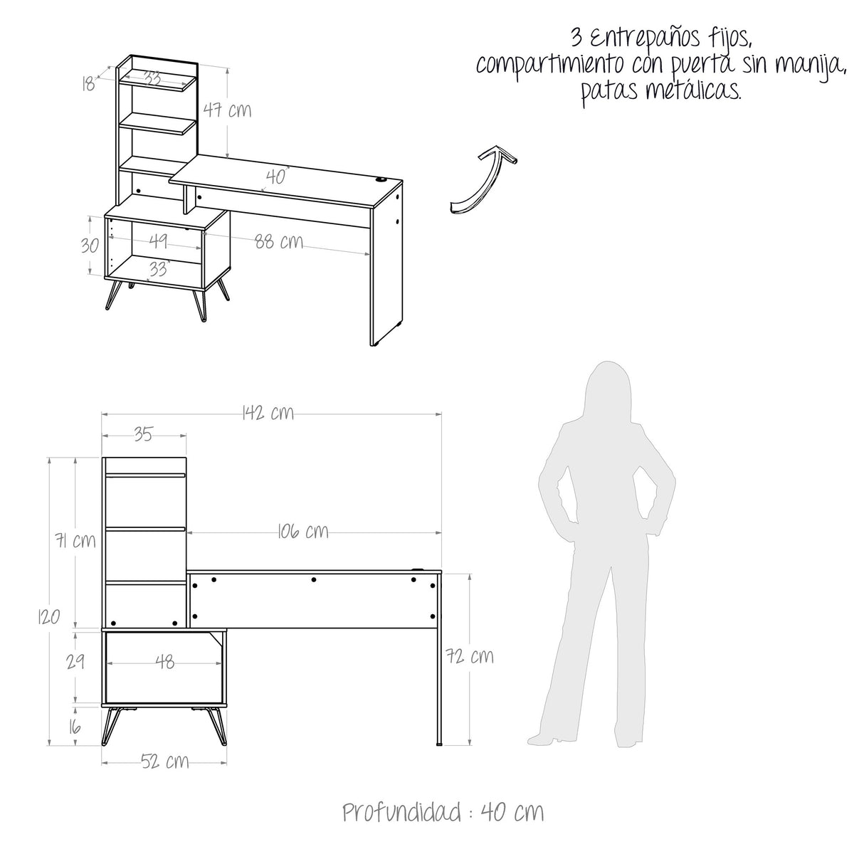 Escritorio Trix Niebla y Blanco 142x120cm con Organizador de Libros