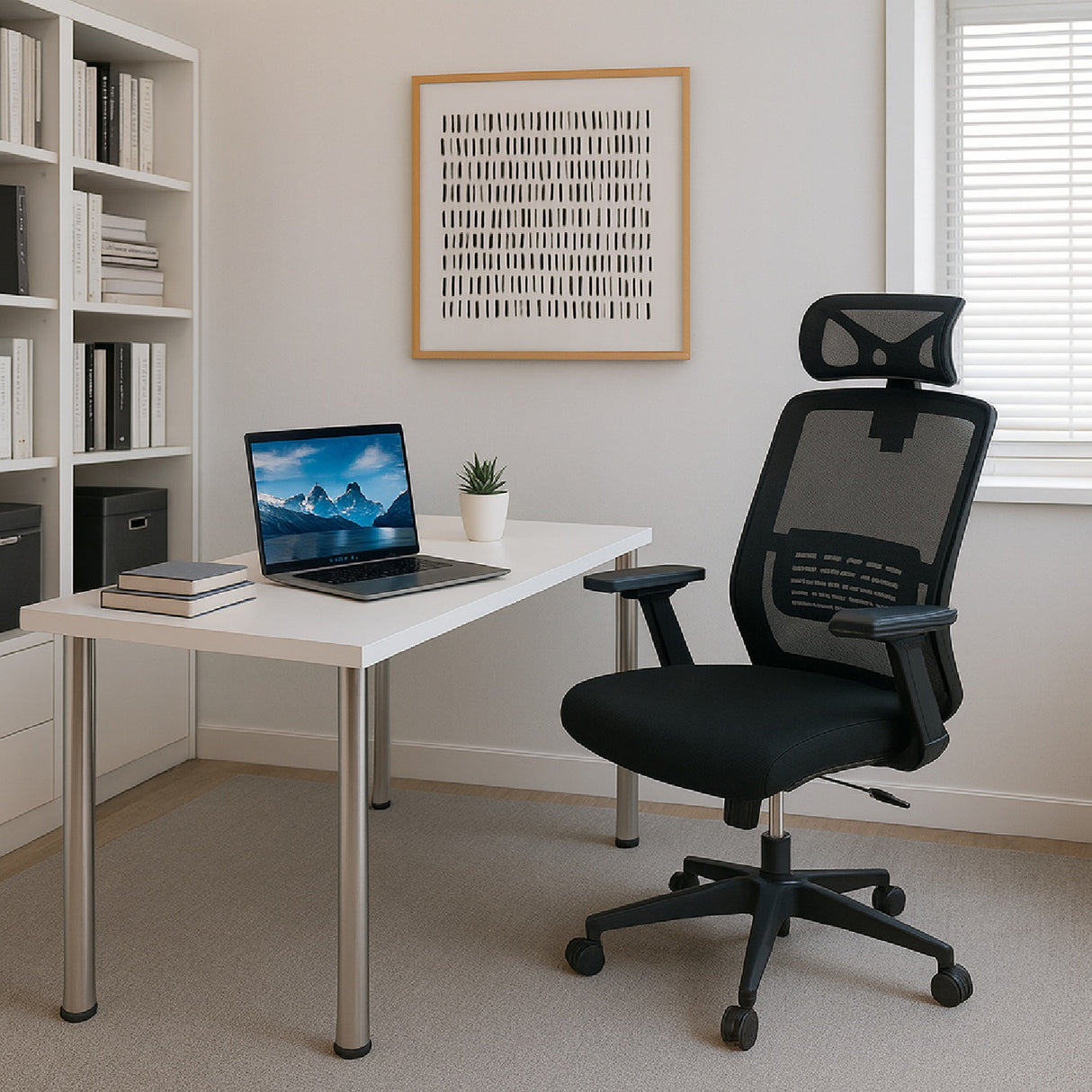 Combo Escritorio y Silla Alfa Blanco y Metal Rustic 120x75cm con Organizador de Libros - ESCRITORIOS | Bylmo