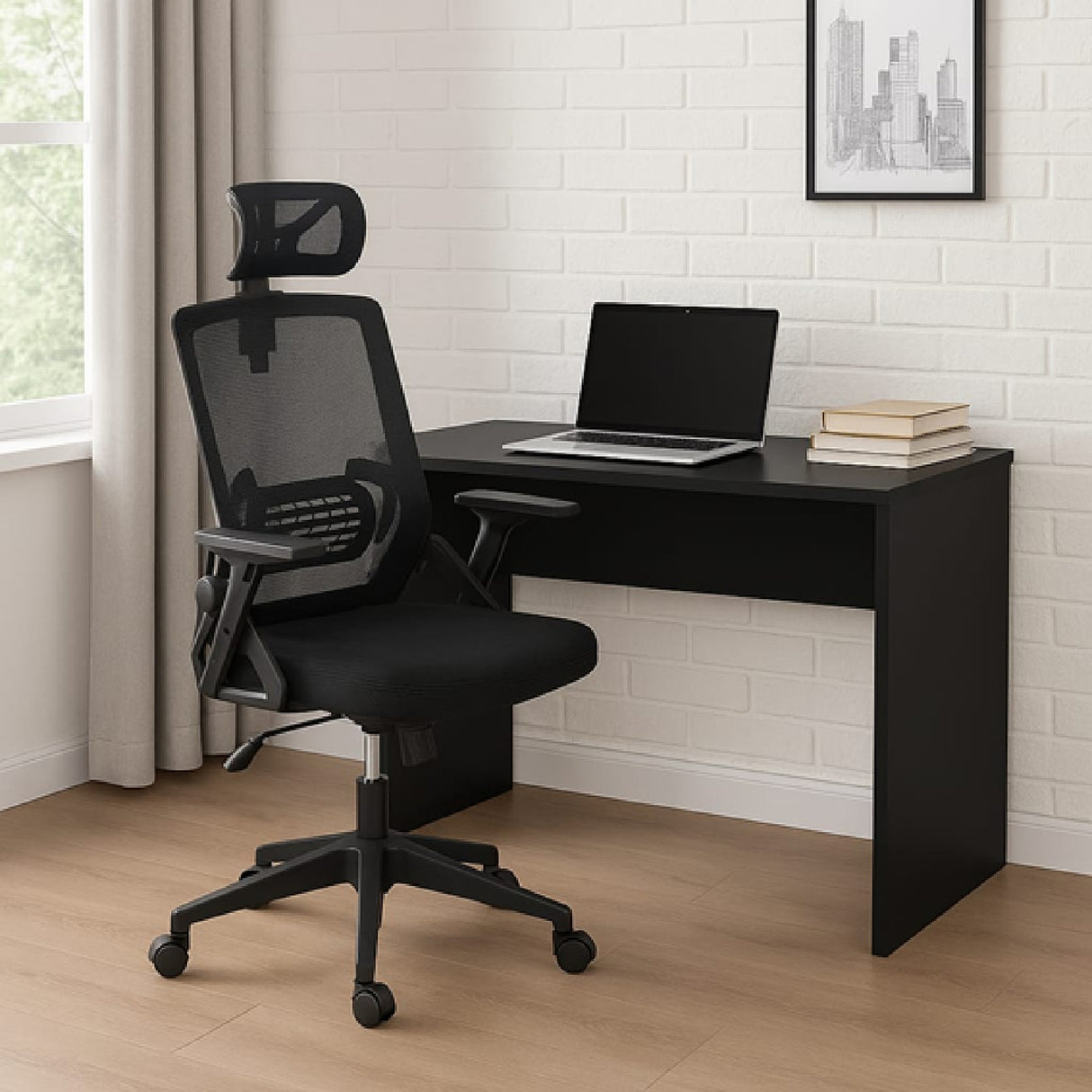 Combo Escritorio y Silla Work Negro 110x78cm con Organizador de Libros