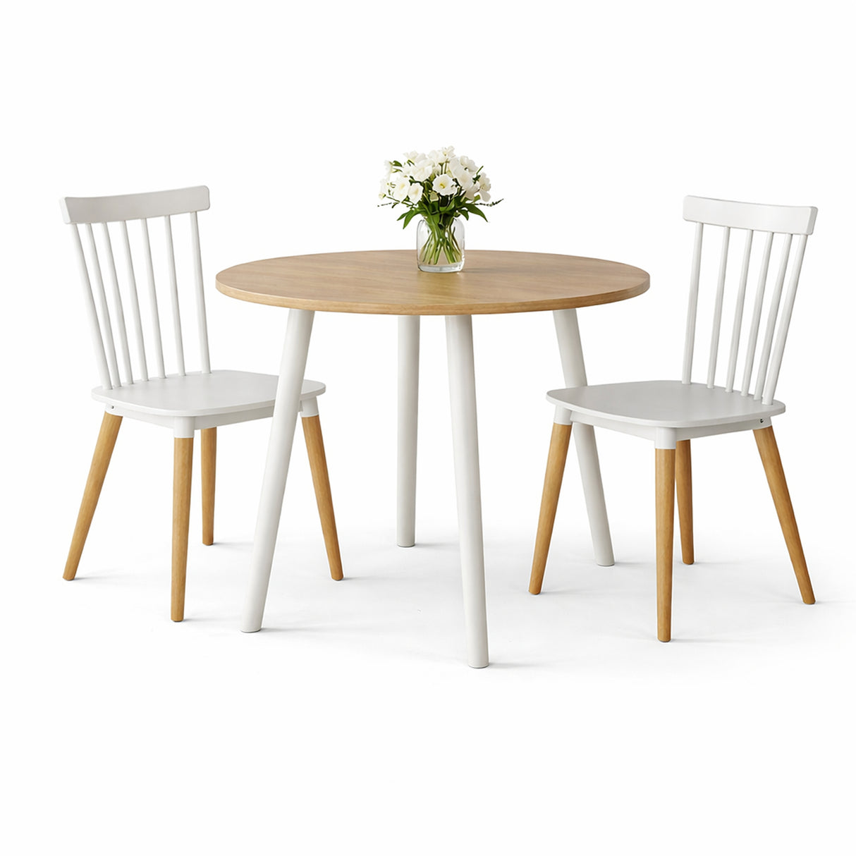 Comedor Guam Madera Clara Natural y Blanco 80x75cm Circular de Cuatro Puestos con Dos Sillas