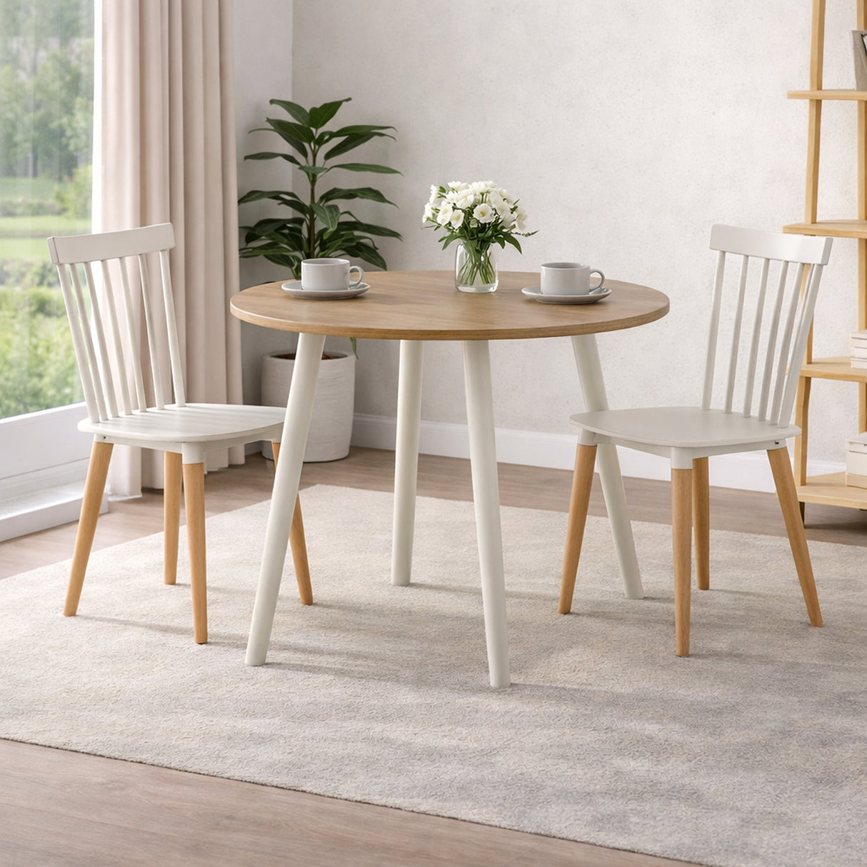 Comedor Guam Madera Clara Natural y Blanco 80x75cm Circular de Cuatro Puestos con Dos Sillas