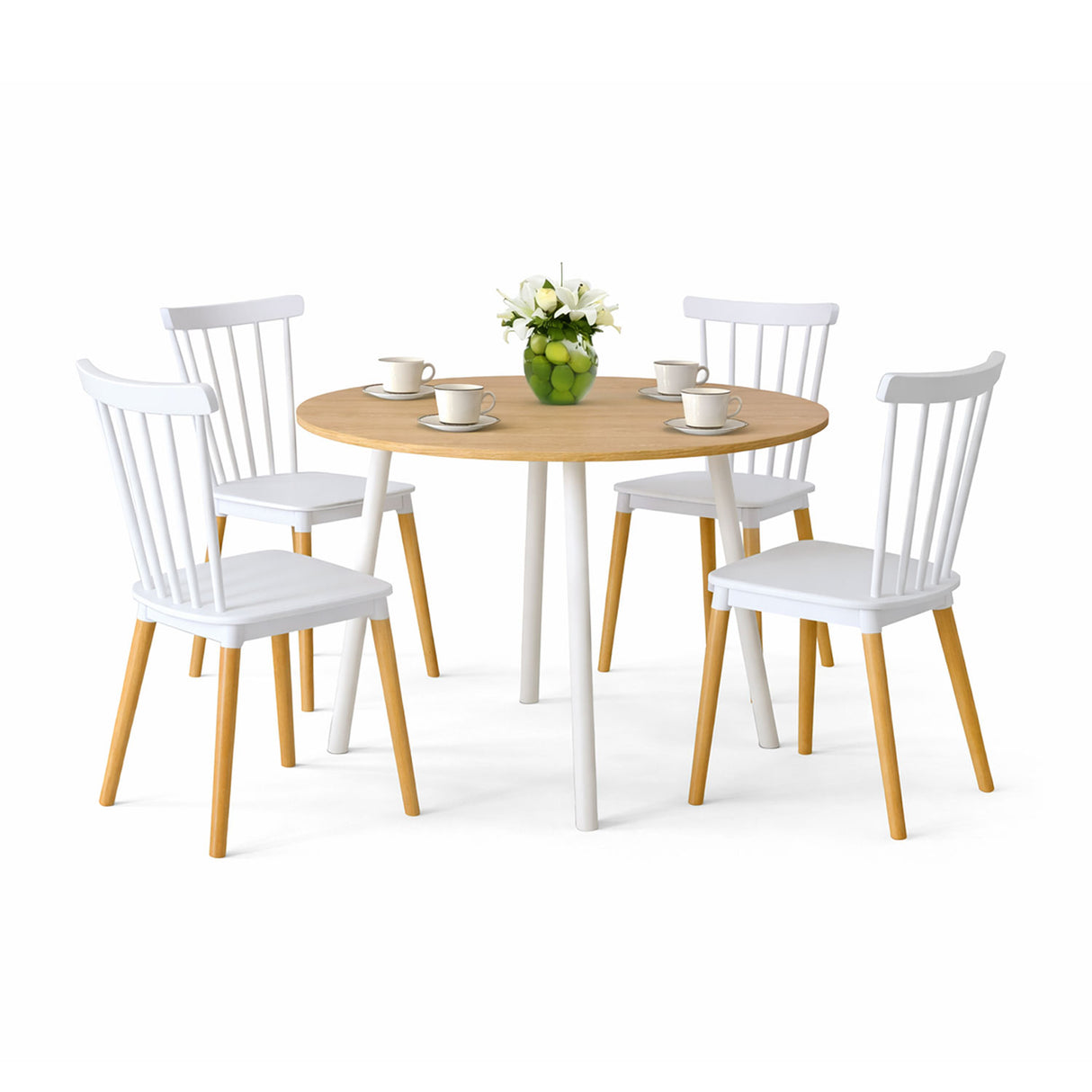 Comedor Guam Madera Clara Natural y Blanco 80x75cm Circular de Cuatro Puestos con Cuatro Sillas - COMEDORES | Bylmo