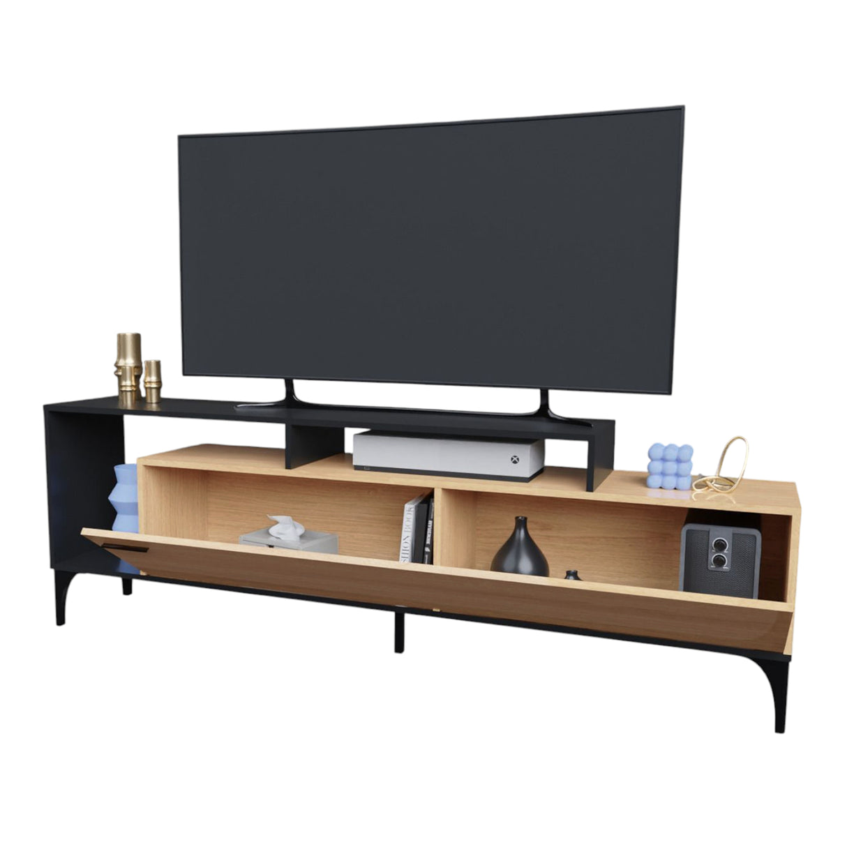 Mesa para TV Live Fresno y Negro 180x58cm para TV Hasta 65" Pulgadas con Cinco Compartimientos