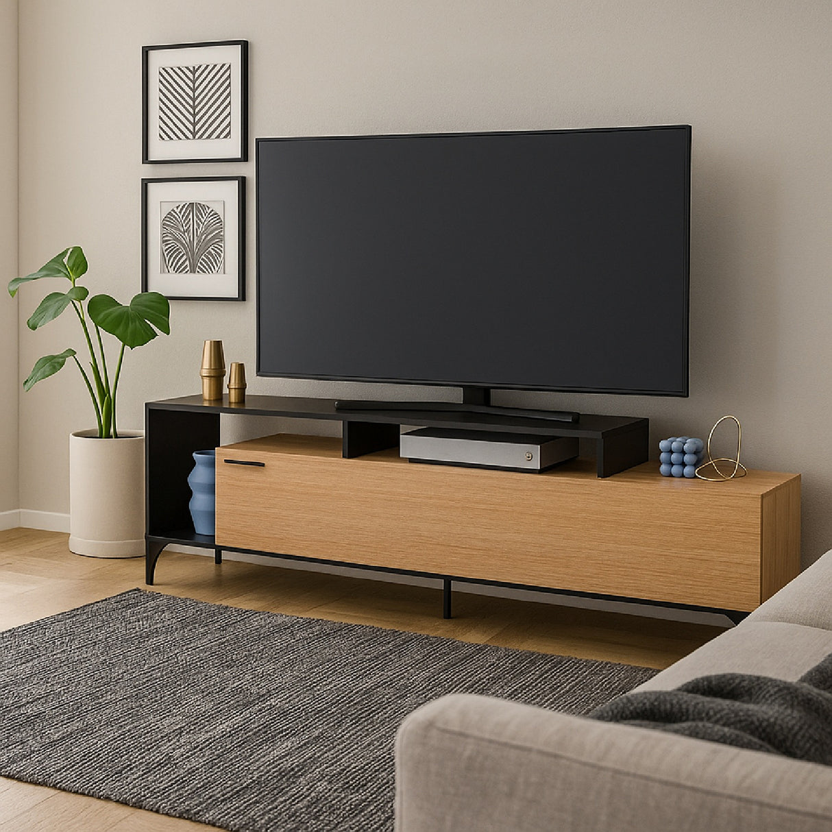 Mesa para TV Live Fresno y Negro 180x58cm para TV Hasta 65" Pulgadas con Cinco Compartimientos