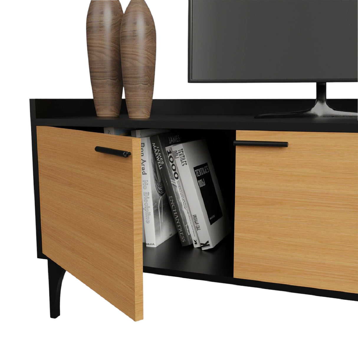 Mesa para TV Style Negro y Fresno 180x55cm para TV Hasta 77" Pulgadas con Cuatro Compartimientos