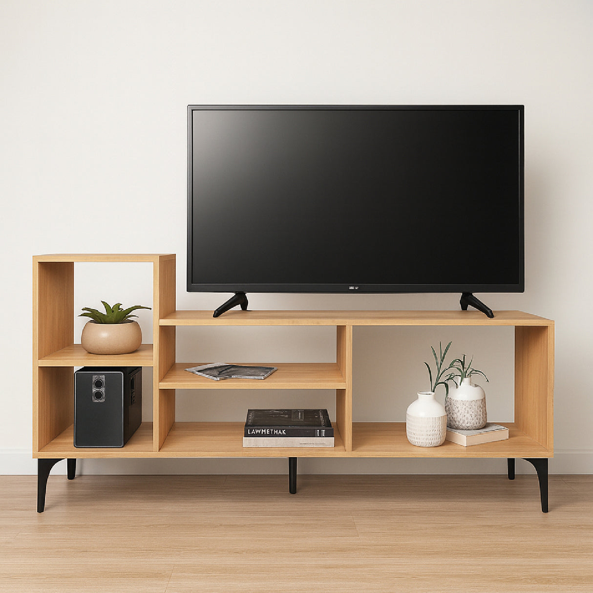 Mesa para TV Vigo Fresno y Negro 150x68cm para TV Hasta 65" Pulgadas con Cinco Compartimientos - MUEBLES DE TV | Bylmo