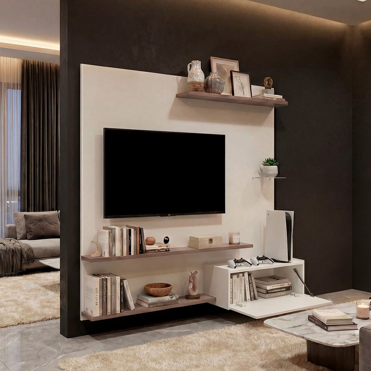 Panel de TV Henry Blanco Marquez y Avellana 180x180cm para TV Hasta 65" Pulgadas con Ranura para Cables