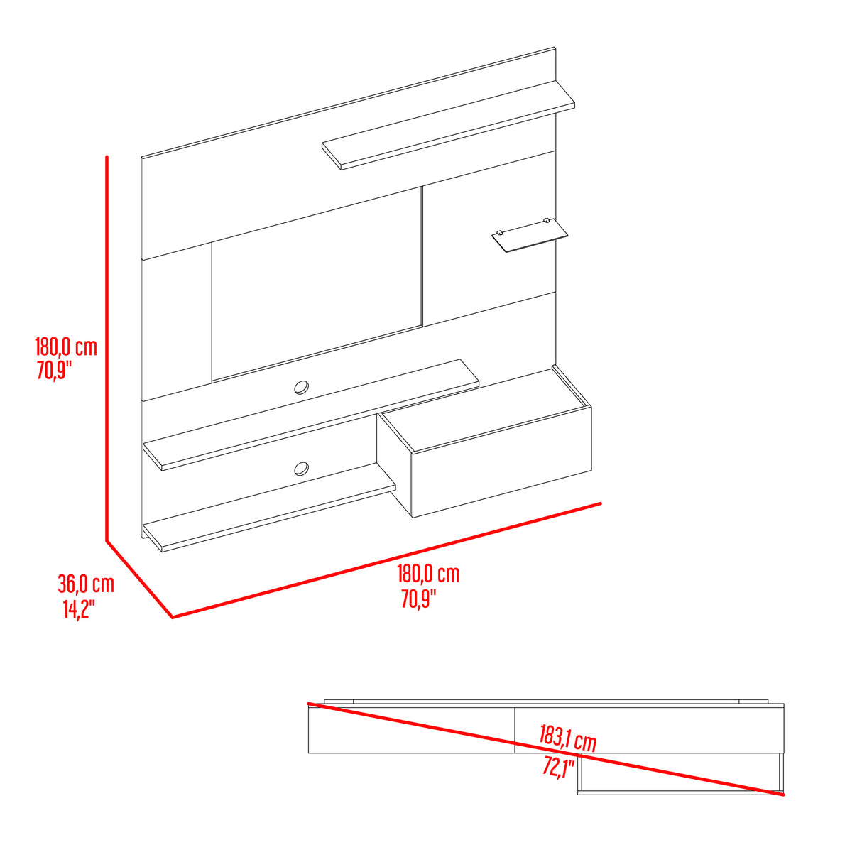 Panel de TV Henry Blanco Marquez y Avellana 180x180cm para TV Hasta 65" Pulgadas con Ranura para Cables