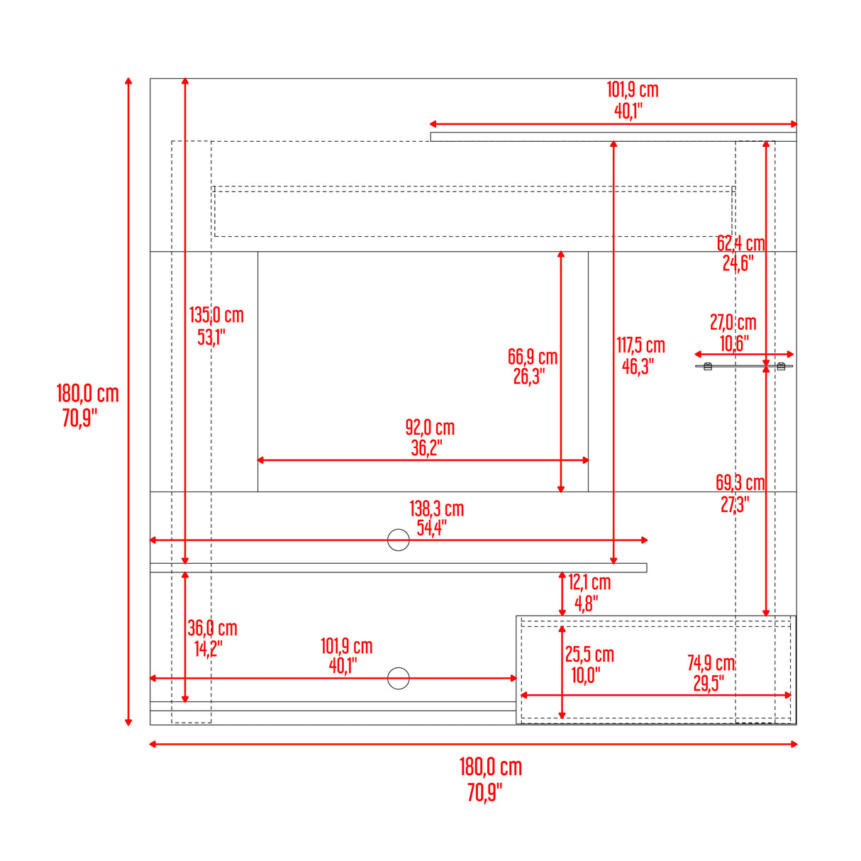 Panel de TV Henry Blanco Marquez y Avellana 180x180cm para TV Hasta 65" Pulgadas con Ranura para Cables