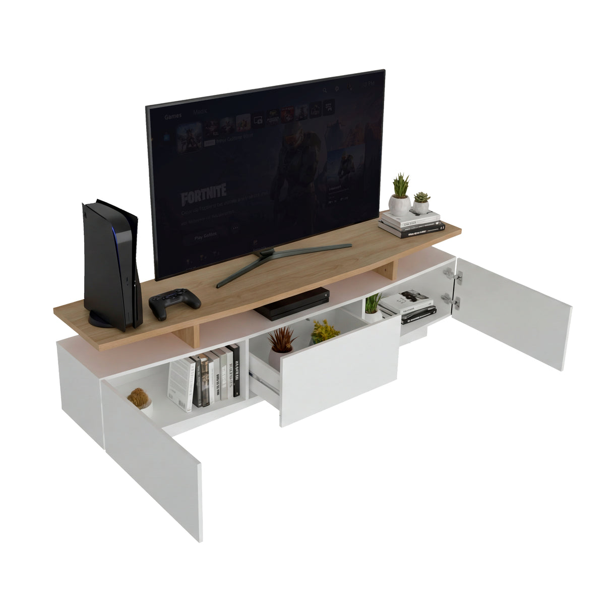 Rack de TV Serena Blanco Marquez y Fresno 180x51.1cm para TV Hasta 65" Pulgadas con Un Cajón y con Tres Compartimientos