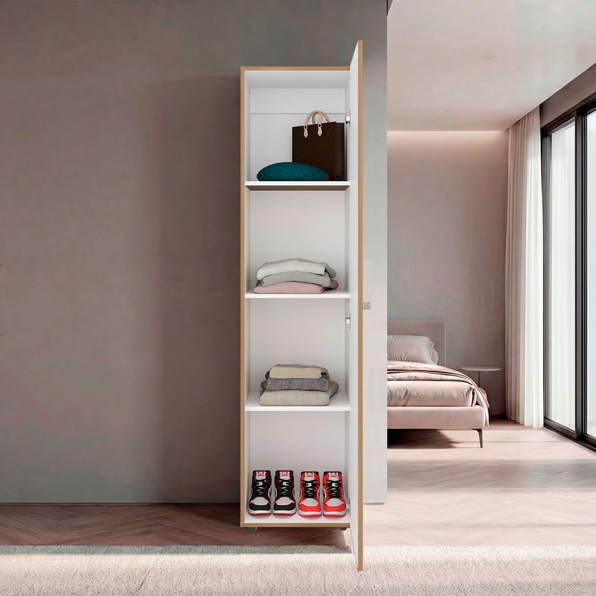 Closet Home Dreams Fresno y Blanco 40x170cm con Tres Entrepaños con Una Puerta y con Espejo