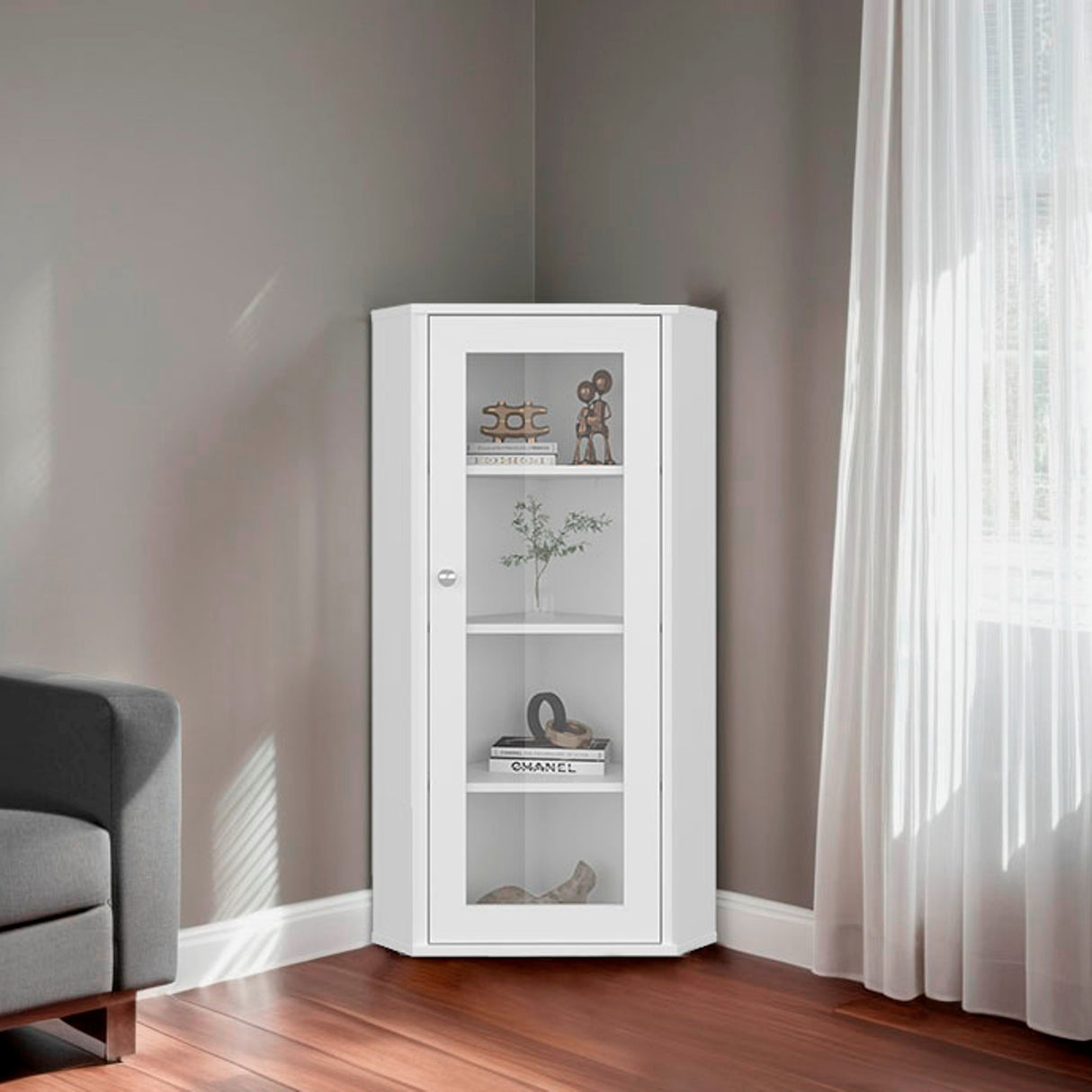 Vitrina Esquinera Genova Blanco 59.4x110.6cm Triangular con Tres Entrepaños - BIBLIOTECAS Y ESTANTERIAS | Bylmo