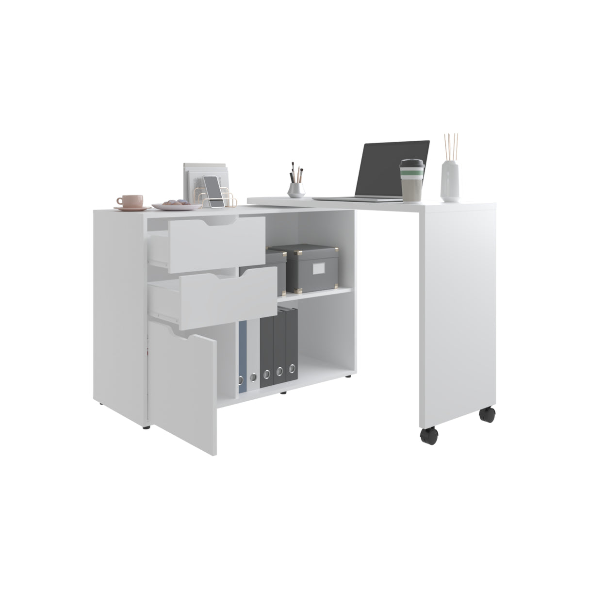 Escritorio Transformable Mova Blanco Marquez 112.9x80.7cm con Tres Cajones y con Organizador de Libros