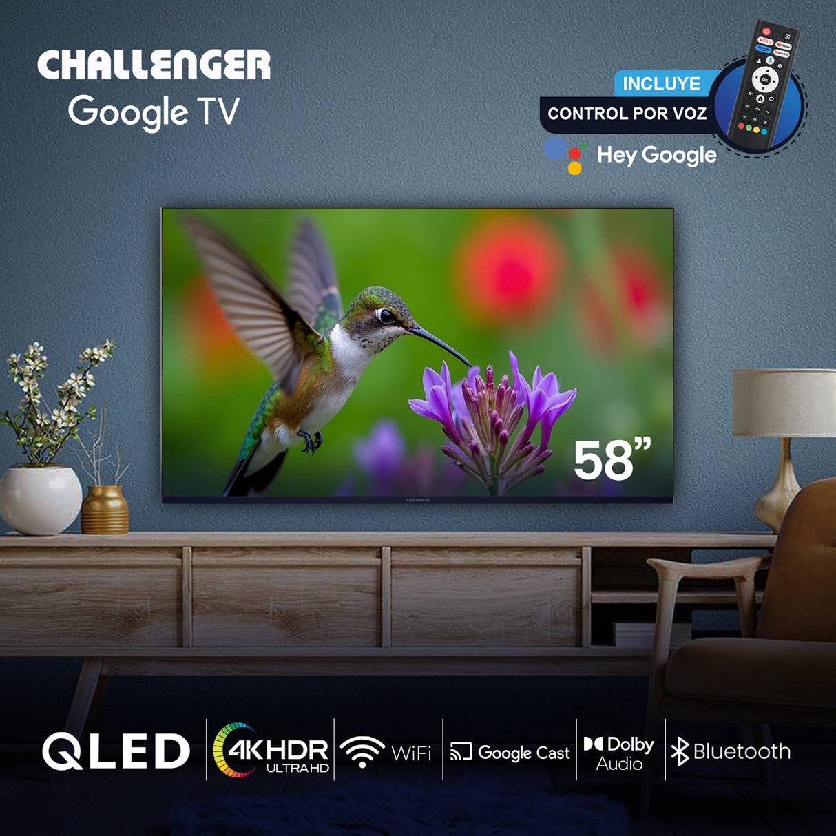 Televisor Challenger Google TV Negro 128.5x80.5cm de 58" Pulgadas Qled 4K 2160P Smart con Bluetooth y Wifi Integrado - TELEVISORES | Bylmo