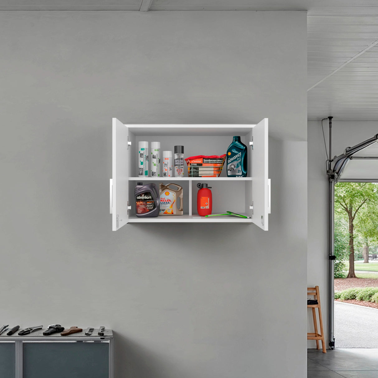 Gabinete Superior de Garaje Blanco 70x50cm con Un Entrepaño y Tres Compartimientos - GABINETES SUPERIORES PARA GARAJE | Bylmo
