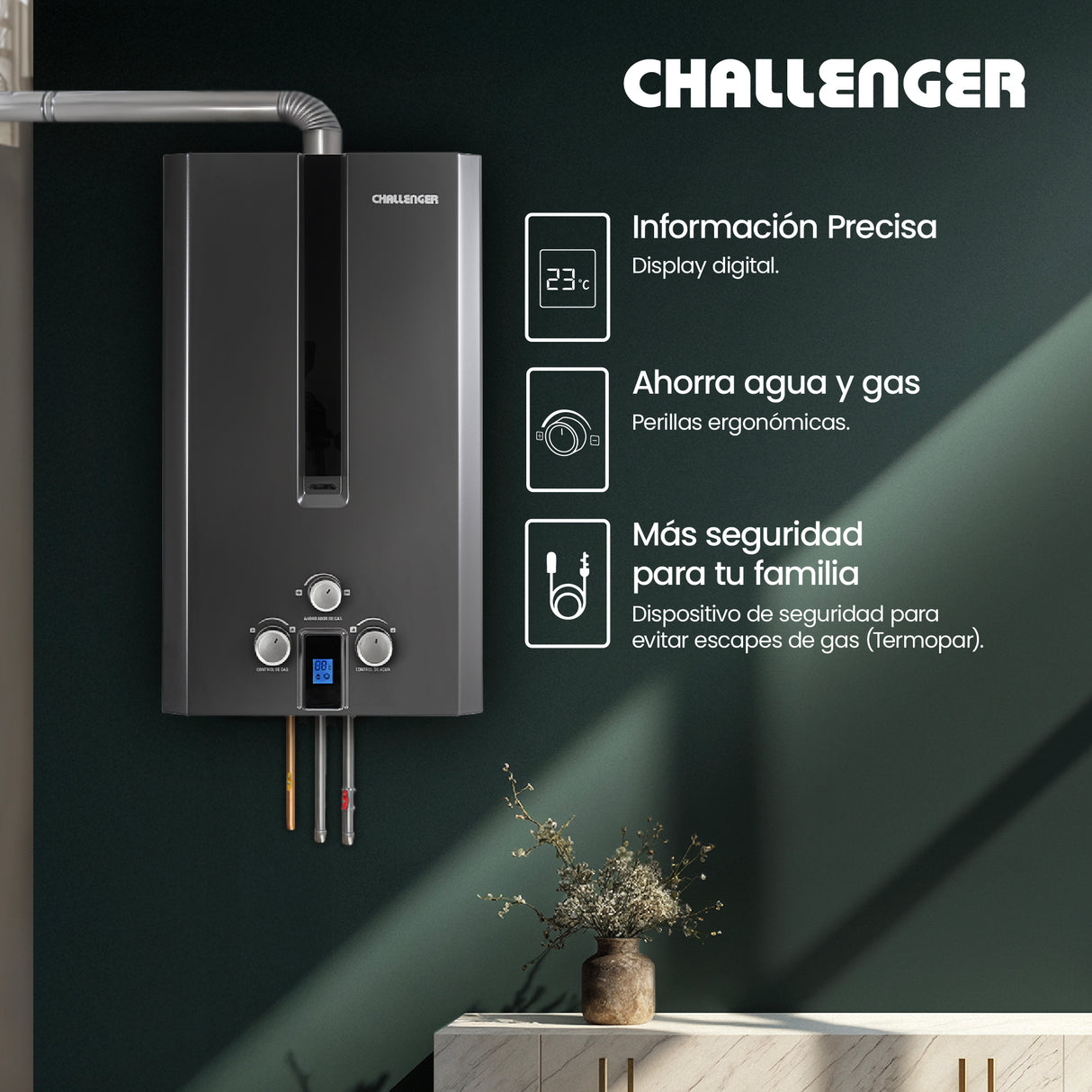 Calentador de Agua Challenger Negro 27.2x47.2cm 6 Litros de Tiro Forzado para Gas Natural - CALENTADORES DE AGUA | Bylmo