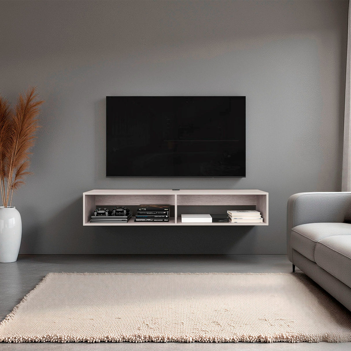 Rack de TV Flotante Gris Positano 150x26.5cm Para TV Hasta 65 Pulgadas con Ranuras para Cables - MUEBLES DE TV | Bylmo