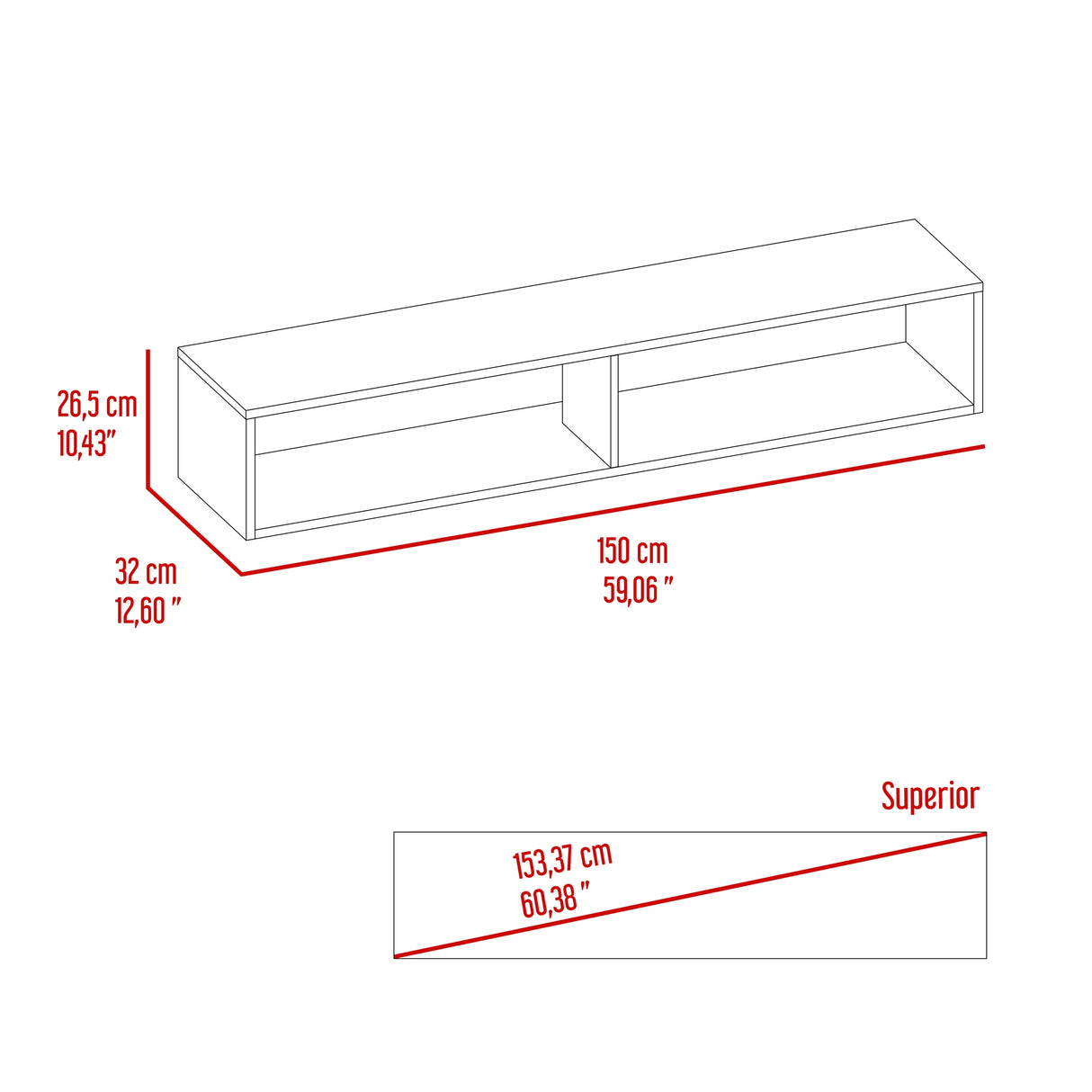 Rack de TV Flotante Gris Positano 150x26.5cm Para TV Hasta 65 Pulgadas con Ranuras para Cables - MUEBLES DE TV | Bylmo