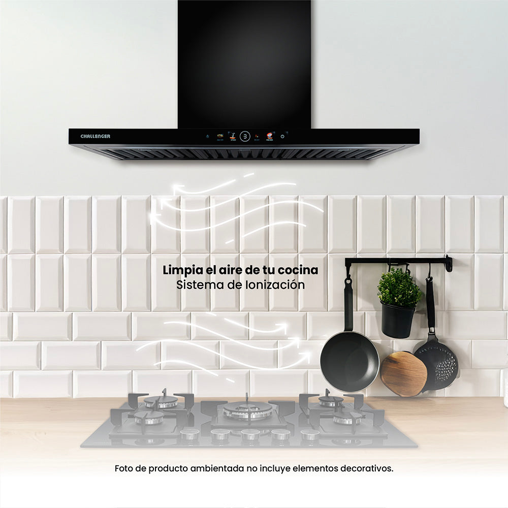 Campana Península Challenger Aura Negro 90x111cm de Tres Velocidades con Pantalla Digital - CAMPANAS Y EXTRACTORES | Bylmo