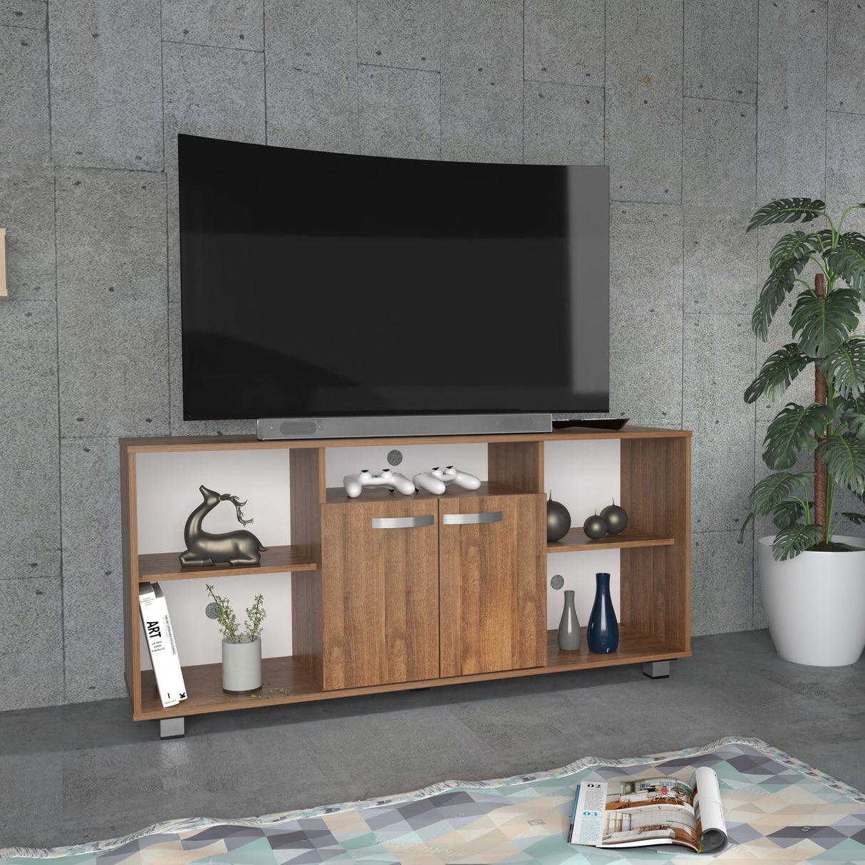 Mesa para TV Amaretto y Blanco 140x65cm Para TV Hasta 60 Pulgadas con Un Cajón con Ranuras para Cables y con Patas - MUEBLES DE TV | Bylmo