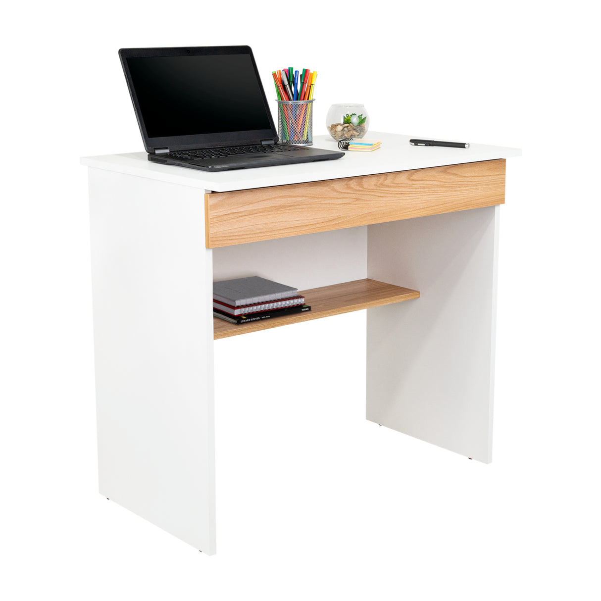 Escritorio Ohio Fresno Europeo y Blanco Marquez 80x73cm con Un Cajón